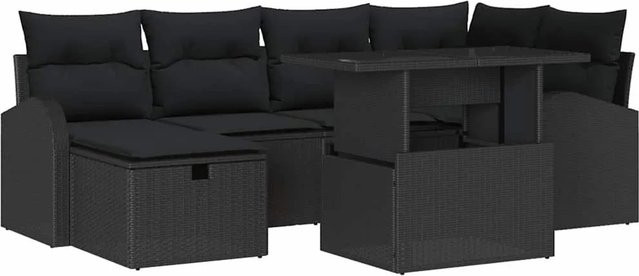 vidaXL Garten-Sofa-Set aus Poly-Rattan in Schwarz mit 7 Teilen und Kissen - Bild 1