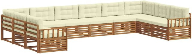 vidaXL Sofagarnitur aus Massivholz Akazie in U-Form, 10-teiliges Set in Natur und Beige mit Sitz- und Rückenkissen - Bild 1