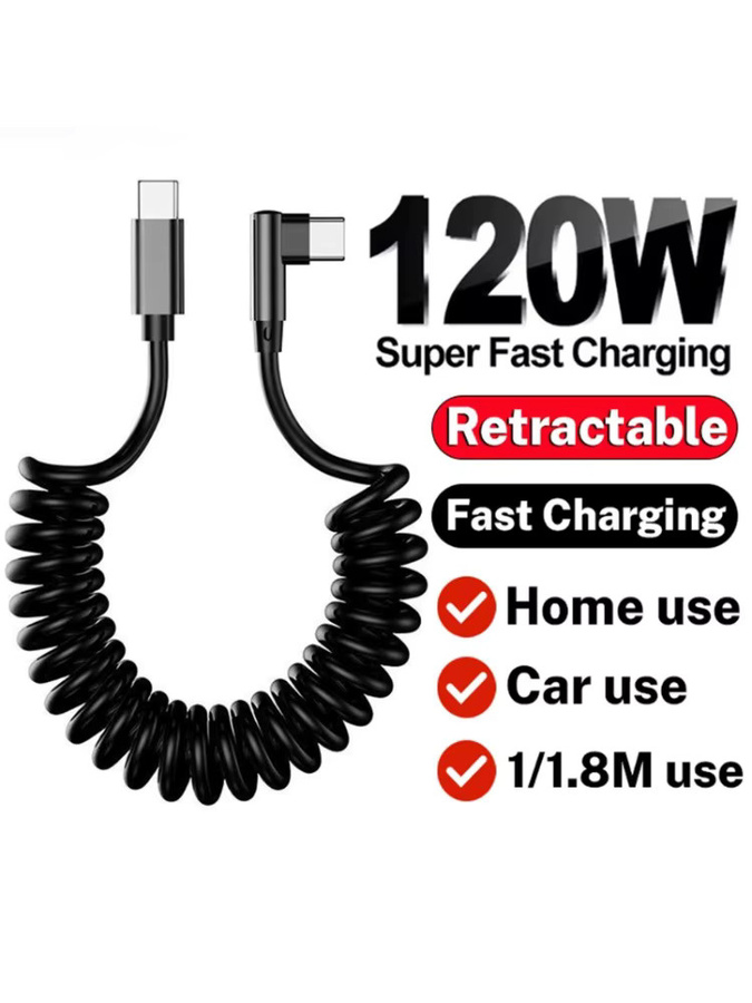 Aufrollbares 120W USB-C-zu-USB-C Schnellladekabel in Schwarz mit rechtwinkligem Anschluss für iPhone, Samsung und Xiaomi sowie Carplay-Unterstützung - Bild 7