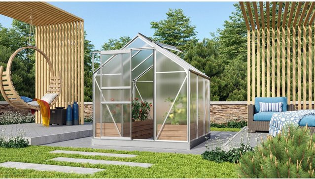 Vitavia Gewächshaus Venus 3800 HKP mit Aluminium-Rahmen und Polycarbonat-Platten 6 mm inklusive Schiebetür, Dachfenster, Regenrinnen und Fundamentrahmen - Bild 1