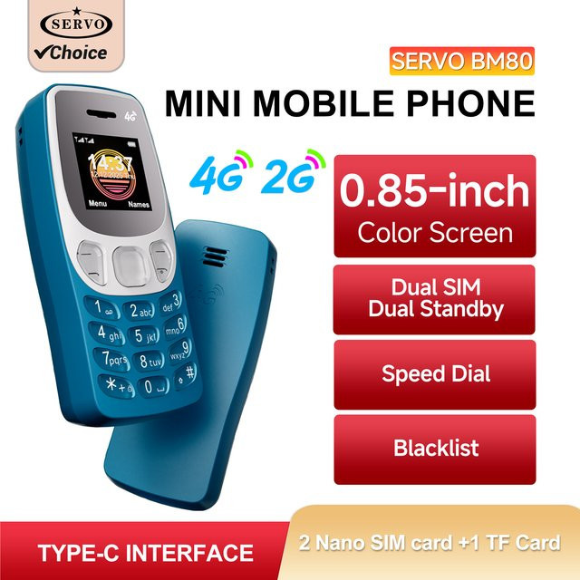 SERVO BM80 Mini-Handy mit 4G LTE, Dual SIM, Typ-C und Anrufaufnahmefunktion in Schwarz - Bild 1