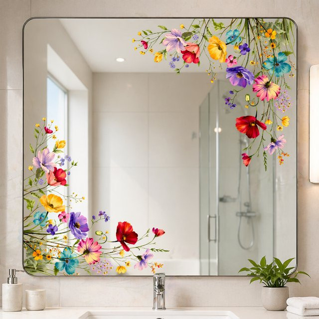 Kingsmile Wandaufkleber mit Blumen-Design im Boho-Stil, abnehmbare und wasserdichte Vinyl-Spiegeldekoration für Badezimmer und Schlafzimmer, Mehrfarbig - Bild 1