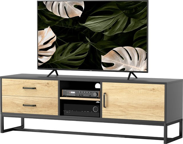 HOMCOM TV-Schrank in Naturholz Braun als TV-Möbel für Fernseher bis zu 60 Zoll mit Schrank, offenen Fächern, 2 Schubladen und verstellbaren Regalen für dein Wohnzimmer oder Schlafzimmer - Bild 1