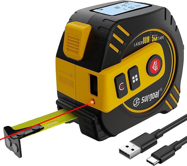 SURGOAL Multifunktions-Laser-Entfernungsmesser mit 80 m Reichweite, wiederaufladbar, inklusive 5 m Maßband und LCD-Display mit Hintergrundbeleuchtung - Bild 1