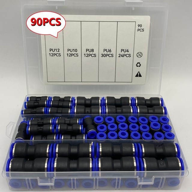 90-teiliges Universal-Schnellverschluss-Luftschlauch-Montageset aus Kunststoff in Schwarz für 4/6/8/10/12 mm Schläuche mit Schnellkupplungs-Schlauchanschlüssen im Kappenstil - Bild 1