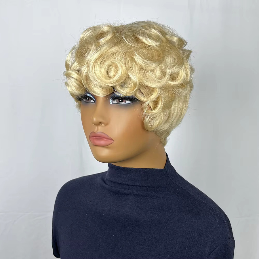 OYM HAIR Afro Rose Perücke, Pixie-Schnitt, brasilianisches Echthaar, kurz, lockig mit Pony - Bild 4