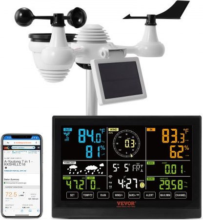 VEVOR 7-in-1 WLAN-Wetterstation mit Solarbetrieb, Farbdisplay 19,1 cm, Außensensor für Windgeschwindigkeit, Windrichtung, Temperatur, Luftfeuchtigkeit und Niederschlag - Bild 1