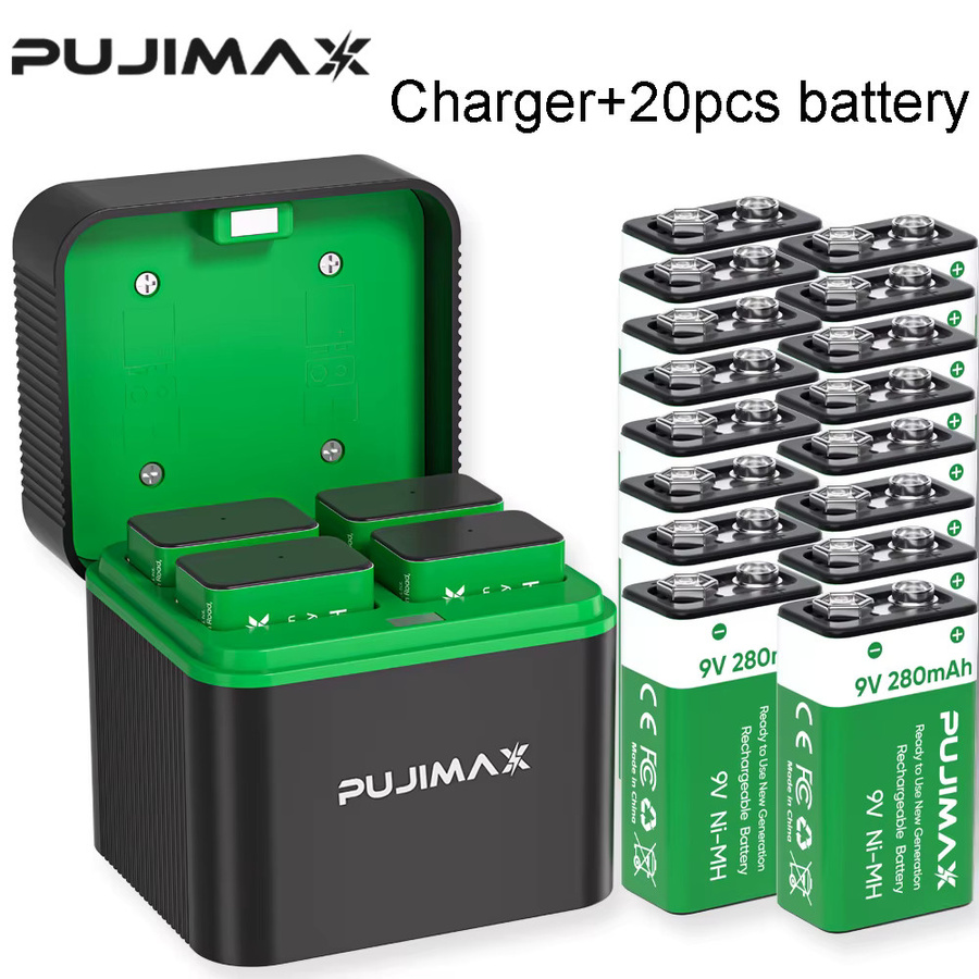 PUJIMAX 9V Ni-MH-Akkusatz mit Ladegerät und 4 Akkus mit 280 mAh für Gitarre, Mikrofon und Multimeter - Bild 3