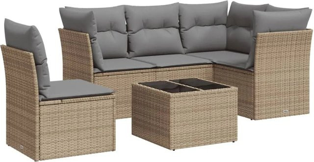 vidaXL 6-teilige Garten-Sofagarnitur in L-Form aus Poly-Rattan in Beige-Grau mit Tisch und Polsterkissen - Bild 1