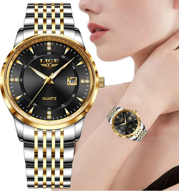 LIGE Armbanduhr, Chronograph, Quarz, Edelstahl, Bicolor, gold blue, Damen - Bild 1