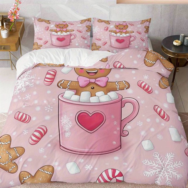 JUANNAI Bettwäsche Set Weihnachten Rosa mit Lebkuchen Herz und Schneeflocken B/H: 90 x 200 cm - Bild 1