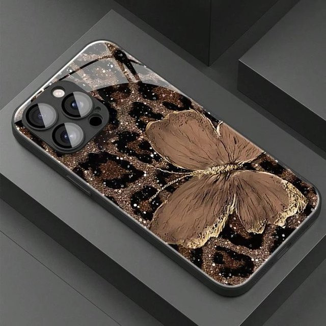 Schwarze Handyhülle aus gehärtetem Glas mit Schmetterlings- und Leopard-Muster für Samsung Galaxy S25 S24 S23 Ultra Plus FE - Bild 1