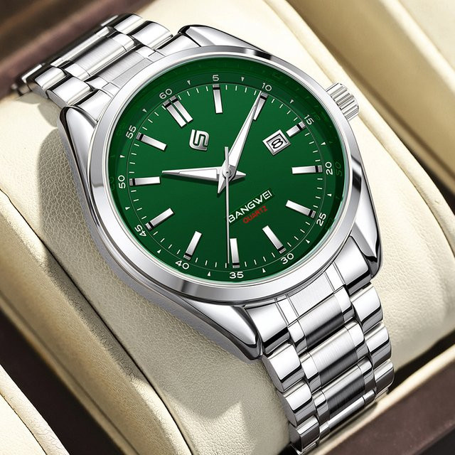 BANGWEI Armbanduhr Quarz, Edelstahl, Silber, Grün, Herren - Bild 1