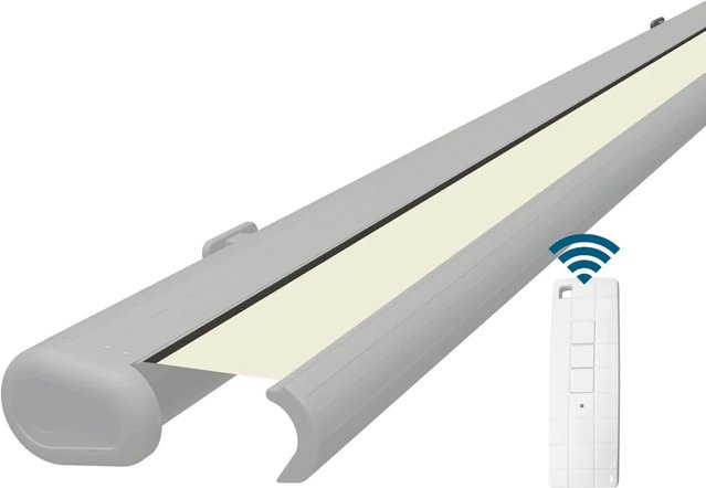 Eclipse Elektrische Kassettenmarkise mit Gelenkarm in Weiß und beige Tuch, B: 5,0 m x A: 3,0 m - Bild 1