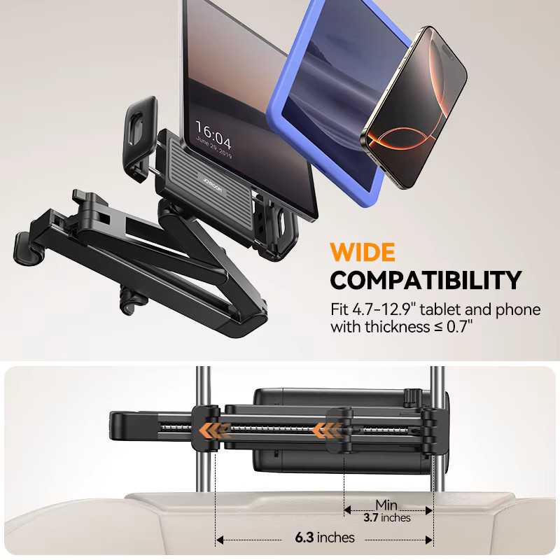 Joyroom 3-in-1 Auto-Kopfstützen-Tablet-Halterung für Rücksitze, dehnbarer Halter für iPad Air/Mini und Samsung Tab, Farbe: Schwarz, passend für Geräte von 4,7 bis 12,9 Zoll - Bild 6