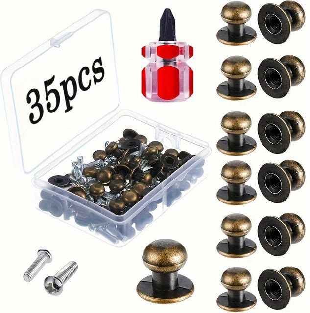 WTEMPO Mini-Knöpfe mit rundem Kopf aus Zinklegierung in Gold, 35er-Pack mit Schrauben und Schraubendreher - Bild 1