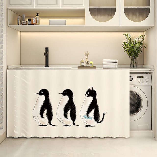 VIKAMA Magic Tape Wäscheschrank-Vorhang mit Cartoon-Pinguin und Katzen-Druck, weiß, staubdicht und für Badezimmer oder Küche geeignet - Bild 1