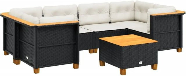 vidaXL 7-tlg Garten-Sofagarnitur aus Poly-Rattan in Schwarz mit Kissen und Akazienholz-Tisch - Bild 1