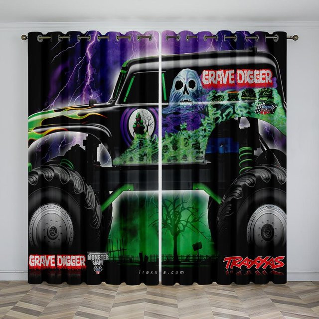 2er-Set dekorative Vorhänge mit Rennwagen-Motiv in Multicolour, semi-transparent, B: 50 cm, H: 130 cm - Bild 1