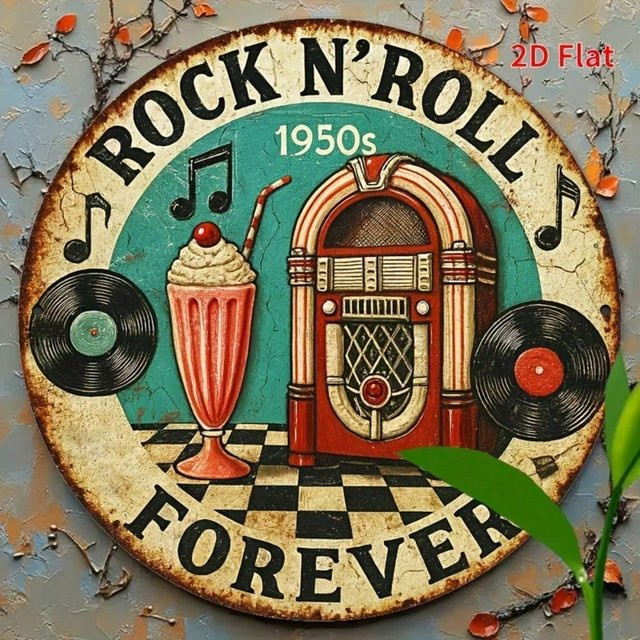 RetroCraft Vintage Wandkunst aus Aluminium Metall im 1950er Rock'n'Roll Design mit Jukebox, Gitarre und Retro Auto, Mehrfarbig - Bild 1