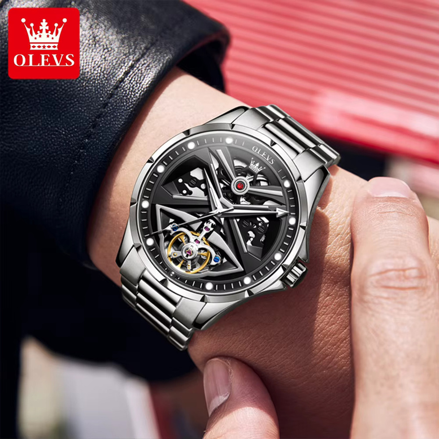 OLEVS Armbanduhr Automatik, Edelstahl, Leder, Schwarz, Herren - Bild 2