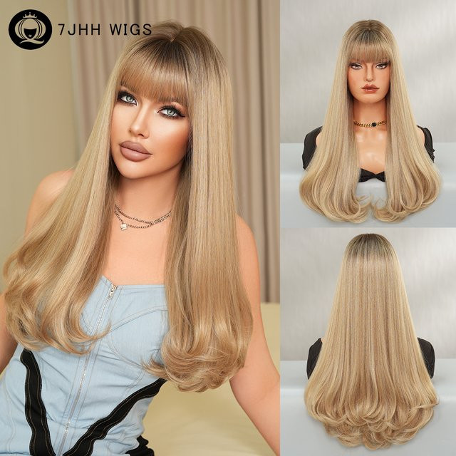 7JHH WIGS Perücke für Damen, lange blonde Haare, gewellt mit Pony - Bild 1