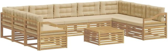 vidaXL Outdoor-Sofagarnitur in U-Form aus Akazienholz mit Kissen, 10-teiliges Set, Weiß und Beige - Bild 1