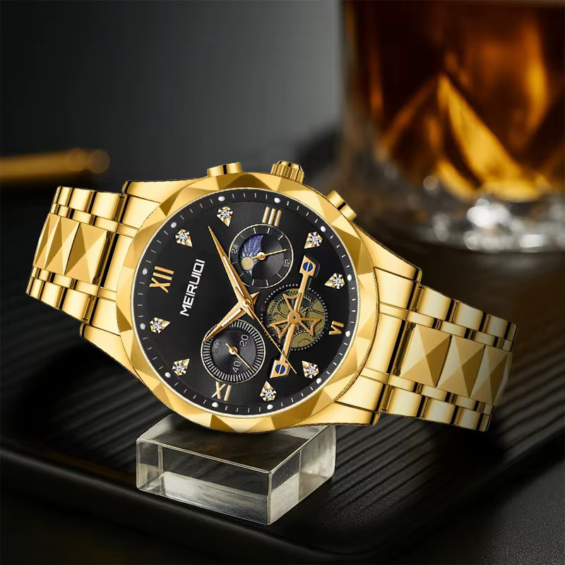 MEIRUIQI Armbanduhr Quarz, Edelstahl, Gold, Schwarz, Herren - Bild 4