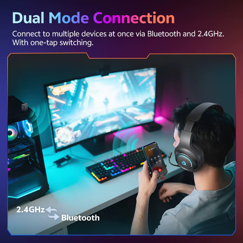 QCY Heroad V200 RGB-Gaming-Headset Over-Ear-Kopfhörer mit Bluetooth 6.0, 50 mm Treibern, 7.1 Surround Sound und Mikrofon - Bild 3