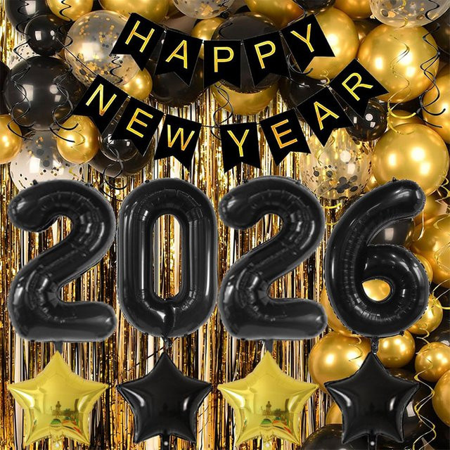 Silvester Dekoration Set mit Ballon Bogen Girlande, Regen Vorhang und 2026 Folienballons in Schwarz - Bild 1
