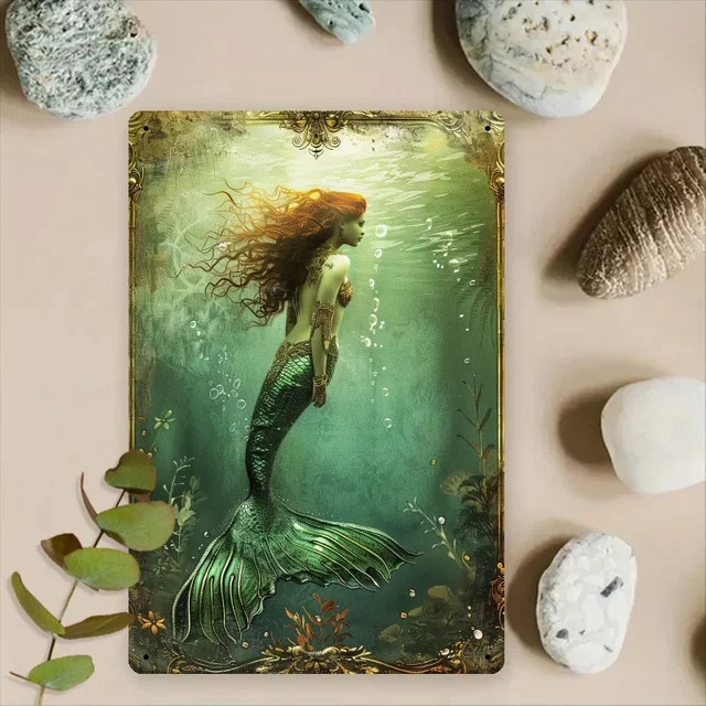 HELLOYOUNG Retro Meerjungfrau Metallwandkunst, Vintage Blechschild in Mehrfarben, B: 20,3 cm, H: 30,5 cm - Bild 1