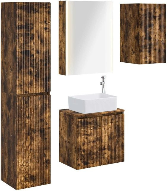 vidaXL Badezimmerschrank-Set 5-teilig aus Holz in Geräucherte Eiche, modern mit LED-Beleuchtung und Spiegelschrank, B/T/H: 53 x 15,5 x 70 cm - Bild 1