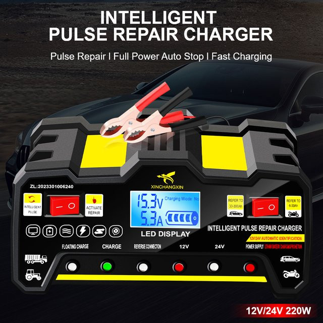 Intelligentes vollautomatisches Autobatterie-Ladegerät mit LCD-Display und Puls-Reparaturfunktion für Nass- und Trockenblei-Säure-Batterien, 220W, Schwarz - Bild 1