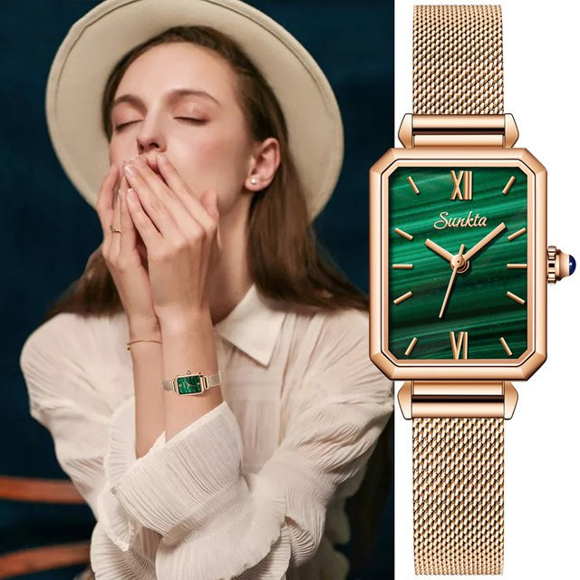 LIGE Armbanduhr, Quarz, Eckig, Roségold, Grün, Milanaise, Damen - Bild 1