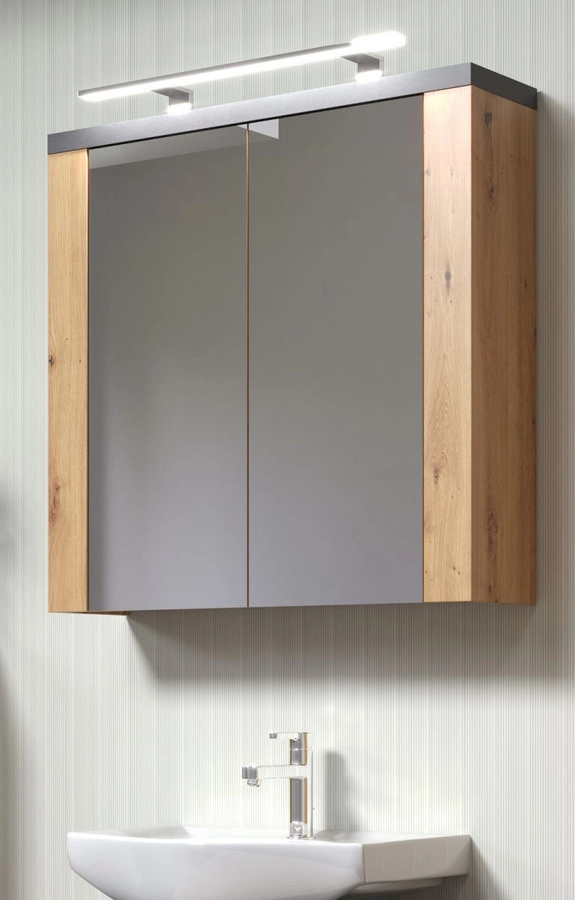 Badezimmer Spiegelschrank Jorik von TOP.FURN in Eiche Artisan und Grau mit LED-Beleuchtung und Steckdose, Breite: 80 cm - Bild 1