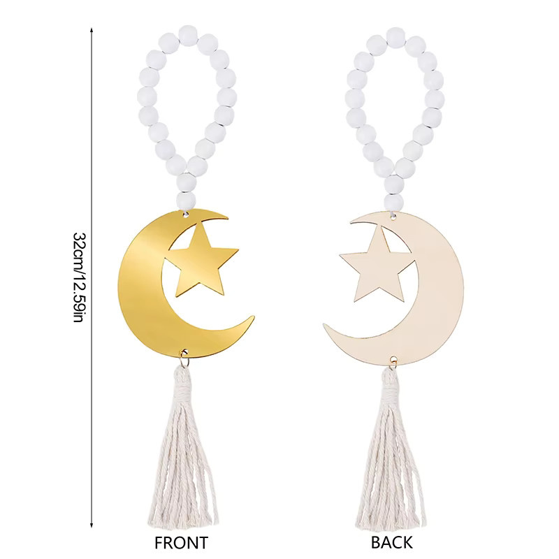 ZQNYCY Islamischer Holzperlen-Anhänger mit Mond-Stern-Ornament und Quaste in Gold für Ramadan und Eid Mubarak - Bild 3