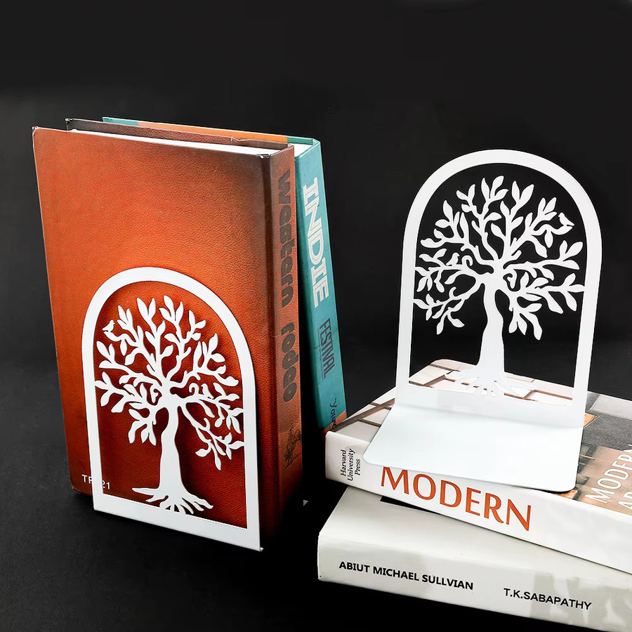 2-teiliges Baum des Lebens Buchstützen aus Metall in Weiß für Schreibtisch und Büro - Bild 5