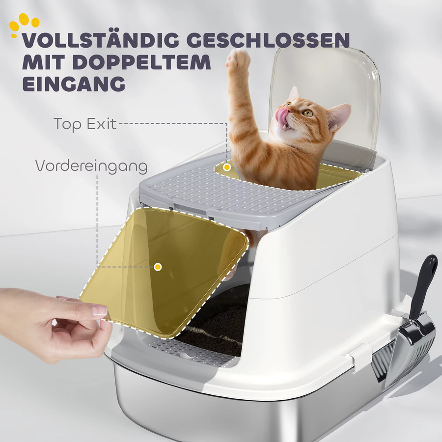 PawHut Katzenklo aus Edelstahl mit Deckel und Streuschaufel in Weiß - Bild 3