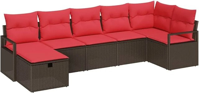 vidaXL Sofa Set aus Poly-Rattan in Braun und Rot mit 7 Teilen und Kissen - Bild 1