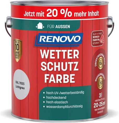 RENOVO Wetterschutzfarbe für Holz, wasserbasiert, satin-glänzend, Lichtgrau RAL 7035, 3,0 l - Bild 1
