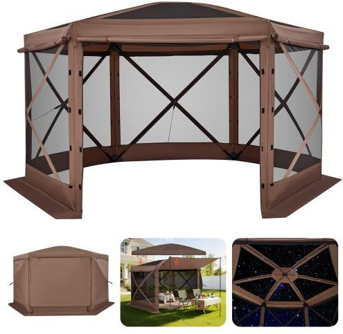 VEVOR Pop-up Partyzelt mit Insektenschutz, 6-seitiges Campingzelt mit abnehmbarem Dach und Tragetasche, Sonnenschutz für 8-10 Personen, Braun, B/T: 3,6 x 3,6 m - Bild 1