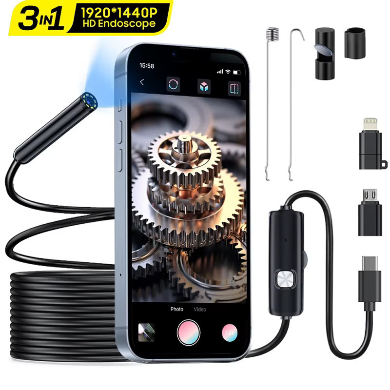 1920P HD Endoskopkamera für iPhone, Huawei, iOS und Android mit USB-C, Micro USB und Licht für Auto und Kanalisation, Schwarz - Bild 4