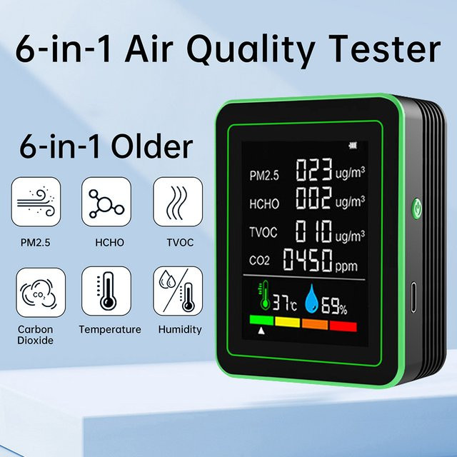 Voktta 6-in-1 Luftqualitätsmonitor in Schwarz zur Messung von CO2, Formaldehyd, TVOC, PM2,5, Temperatur und Luftfeuchtigkeit - Bild 1