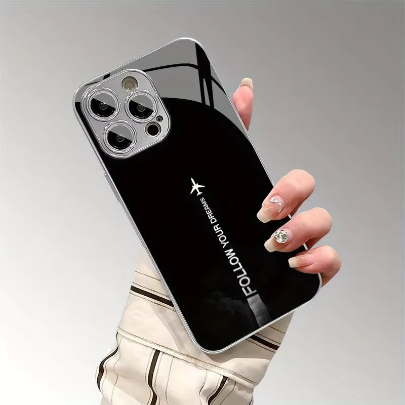 Galvanisierte Handyhülle mit Flugzeug-Route-Glas Design für Apple iPhone 11 bis 17 Pro Max in Schwarz - Bild 2