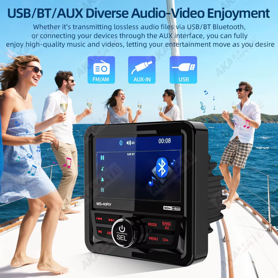 AKAMATE MP5 Marine Radio Stereo Square Boot Lautsprecher mit Bluetooth, FM/AM Antenne und IPX5 Wasserdichtigkeit in Schwarz - Bild 5