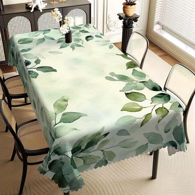 Rechteckige Tischdecke von Fancy Style Studio mit Eukalyptusblatt-Druck in Grün, Polyester-Twill mit Muschelrand, B/T: 140 x 180 cm - Bild 1