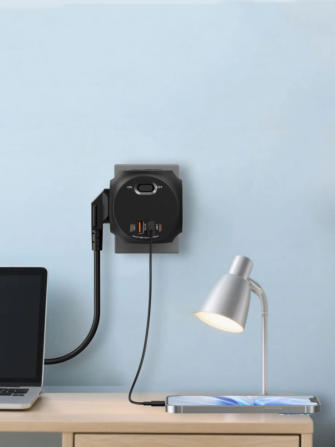 Multifunktions-Steckdosenleiste zur Wandmontage mit EU-Stecker, 4000 W, Überlastschalter, 2 USB-A und 2 USB-C Anschlüssen, Schwarz - Bild 6
