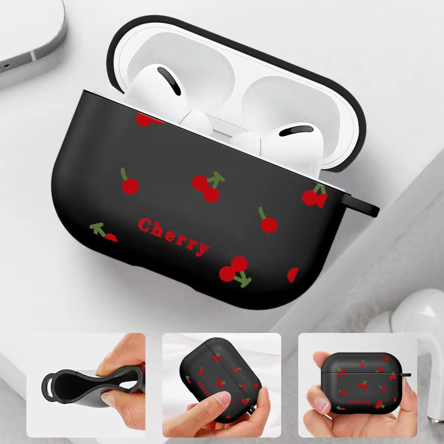 Schutzhülle für Apple AirPods 1, 2, 3 und Pro/Pro 2 mit niedlichem Cartoon-Kirsch-Lichee-Muster in Schwarz - Bild 2