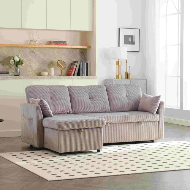 Aosom Ecksofa Schlafsofa aus Samt in Hellgrau mit L-Form, ausziehbarer Liegefunktion und Stauraum, B/T/H: 206 x 108 x 88 cm - Bild 1