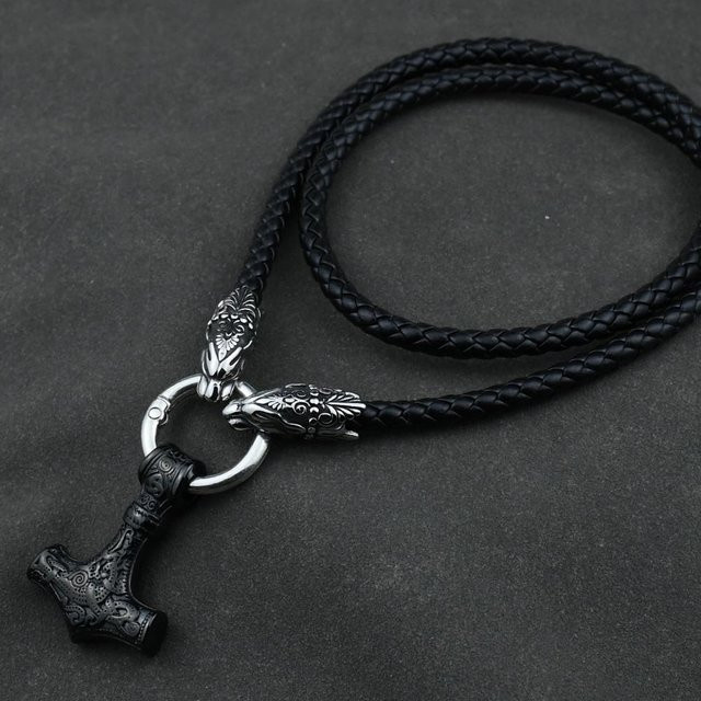 Wan Ying Halskette, Wolfskopf, Thors Hammer Anhänger, Edelstahl, Schwarz, 70cm, Herren - Bild 1